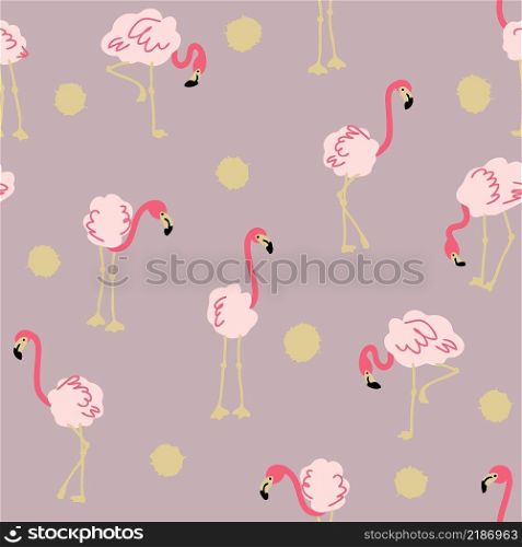 Hand drawn seamless pattern with flamingo and spots. Perfect for T-shirt, textile and print. Doodle vector illustration for decor and design.
