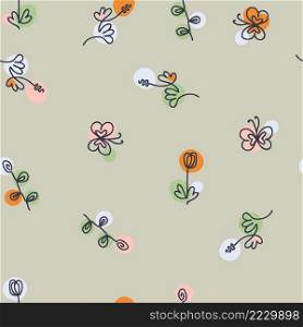 Hand drawn seamless pattern with flowers and butterflies. Perfect for T-shirt, postcard, party invitation and print. Doodle vector illustration for decor and design.