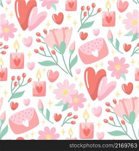 Hand-drawn seamless pattern with flowers and hearts. Creative stylish background for Valentine Day. Colorful floral illustration for paper and gift wrap. Fabric print modern design.