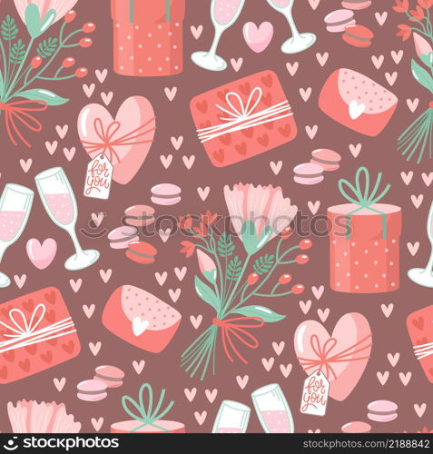 Hand-drawn seamless pattern with flowers and hearts. Creative stylish background for Valentine Day. Colorful floral illustration for paper and gift wrap. Fabric print modern design.