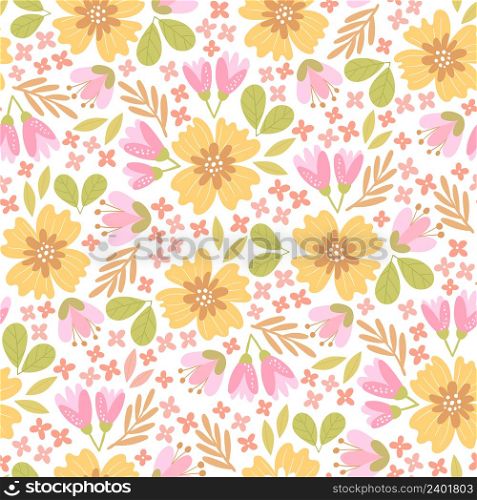 Hand-drawn seamless pattern with flowers. Colorful floral illustration for paper and gift wrap. Fabric print modern design. Creative stylish background.