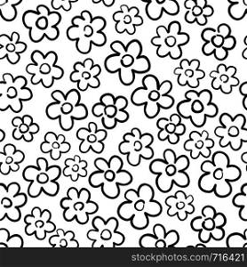 Hand drawn seamless pattern with flowers isolated on white. Endless vector primitive background. Stylish monochrome doodles. Vector illustration.. Hand drawn seamless pattern with flowers isolated on white.