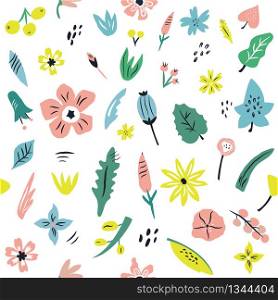 Hand drawn seamless pattern with flowers, leaves for wrapping paper, textile, gift box, fabric. Hand drawn seamless pattern with flowers, leaves