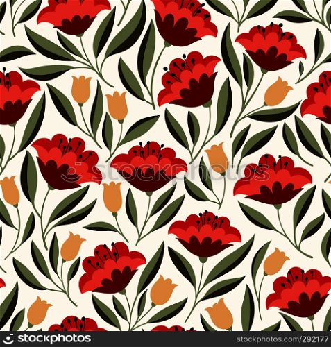 Hand drawn seamless pattern with folk colorful flowers. Cute vector background for textile, fabric, backdrops, web