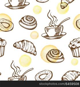 Hand drawn seamless pattern with fresh bakery produkts in vintage style. Vector background with coffee cup and croissant