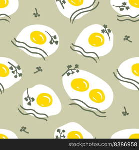 Hand drawn seamless pattern with fried eggs and greenery. Aesthetic meal print for T-shirt, fabric, textile. Doodle vector illustration for decor and design.