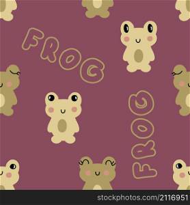 Hand drawn seamless pattern with frogling and text FROG. Perfect for T-shirt, postcard, textile and print. Doodle vector illustration for decor and design.