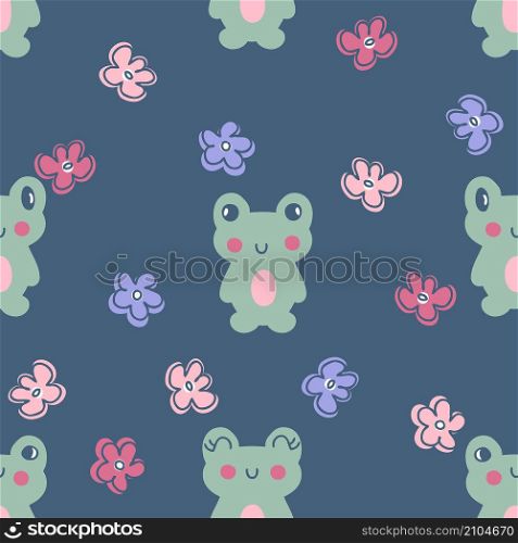 Hand drawn seamless pattern with frogs and flowers. Perfect for T-shirt, postcard, textile and print. Doodle vector illustration for decor and design.