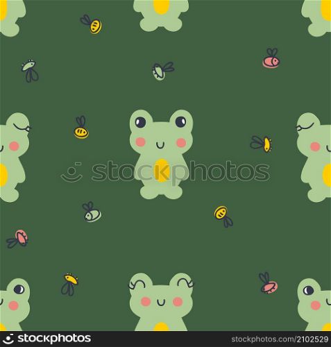 Hand drawn seamless pattern with frogs and fly. Perfect for T-shirt, postcard, textile and print. Doodle vector illustration for decor and design.