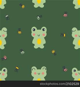 Hand drawn seamless pattern with frogs and fly. Perfect for T-shirt, postcard, textile and print. Doodle vector illustration for decor and design.