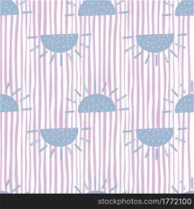 Hand drawn seamless pattern with funny blue fruit lobules shapes. Kids style. White and purple striped background. Perfect for fabric design, textile print, wrapping, cover. Vector illustration.. Hand drawn seamless pattern with funny blue fruit lobules shapes. Kids style. White and purple striped background.