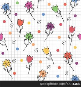 hand drawn seamless pattern with funny colored flowers
