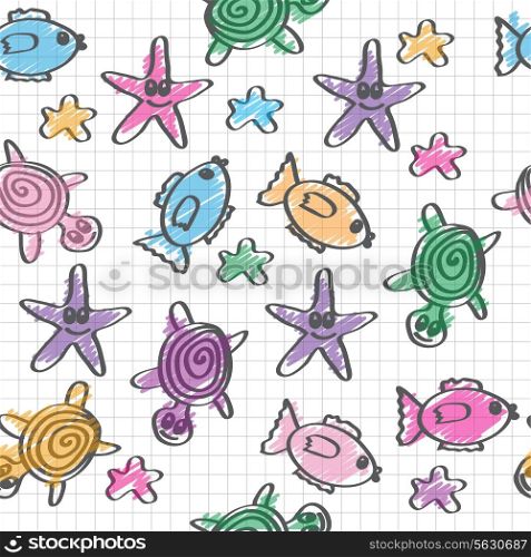 hand drawn seamless pattern with funny colored marine life