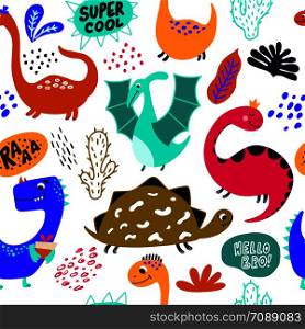 Hand drawn seamless pattern with funny dinosaurs. Sketch Jurassic reptiles. Dino characters. Backdrop for textile and fabric.
