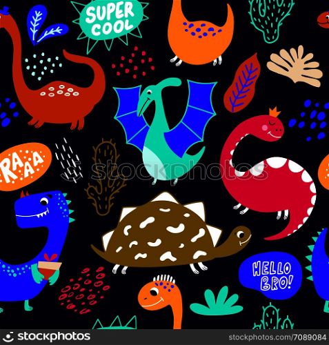 Hand drawn seamless pattern with funny dinosaurs. Sketch Jurassic reptiles. Dino characters. Backdrop for textile and fabric.