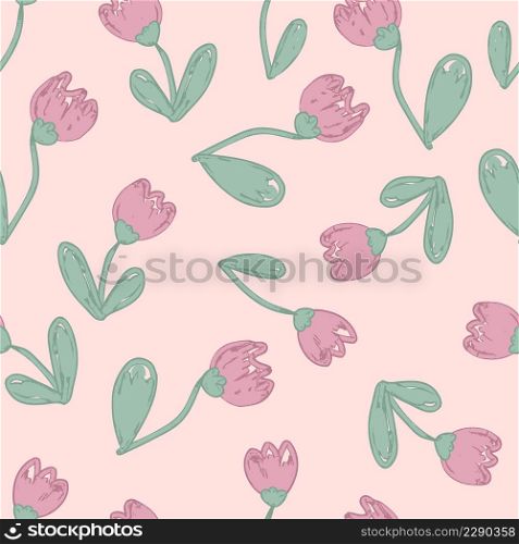 Hand drawn seamless pattern with grunge textured tulip flowers . Perfect for T-shirt, textile and print. Doodle vector illustration for decor and design.