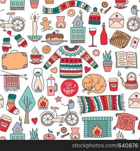 Hand drawn seamless pattern with hygge elements. Time to Hygge. Vector illustration