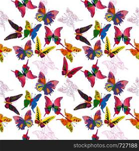 Hand drawn seamless pattern with illustrations of colored butterflies isolated on white, fashionable graphics for fabrics