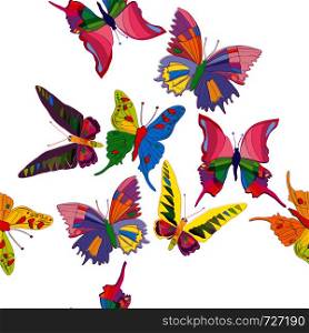 Hand drawn seamless pattern with illustrations of colored butterflies isolated on white, fashionable graphics for fabrics