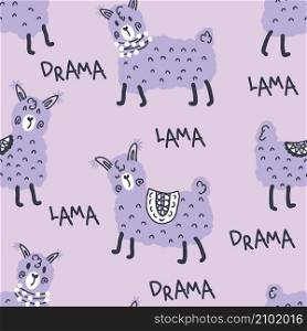Hand drawn seamless pattern with lamas and text DRAMA LLAMA. Perfect for T-shirt, textile and print. Doodle vector illustration for decor and design.