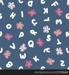 Hand drawn seamless pattern with latin letters and flowers. Perfect for T-shirt, postcard, textile and print. Doodle vector illustration for decor and design.