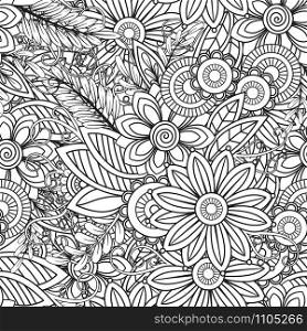 Hand drawn seamless pattern with leaves and flowers. Doodles floral ornament. Black and white decorative elements. Perfect for wallpaper, adult coloring books, web page background, surface textures.. Floral seamless pattern