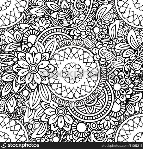 Hand drawn seamless pattern with leaves and flowers. Doodles floral ornament. Black and white decorative elements. Perfect for wallpaper, adult coloring books, web page background, surface textures.. Doodles Floral Seamless Pattern