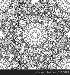 Hand drawn seamless pattern with leaves and flowers. Doodles floral ornament. Black and white decorative elements. Perfect for wallpaper, adult coloring books, web page background, surface textures.. Doodles Floral Seamless Pattern