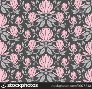 Hand-drawn seamless pattern with magnolia flowers. Colorful floral illustration for paper, gift wrap, wallpapers, fabric, textile design. Textured flowers, leaves, and branches.