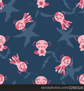 Hand drawn seamless pattern with octopus and axolotls in the ocean. Perfect for T-shirt, textile and print. Doodle vector illustration for decor and design.