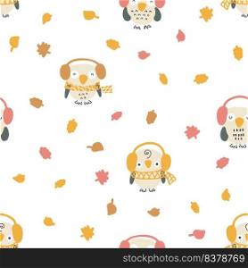 Hand drawn seamless pattern with owls in headset and autumn leaves fall. Perfect for T-shirt, textile and prints. Cartoon style vector illustration for decor and design.