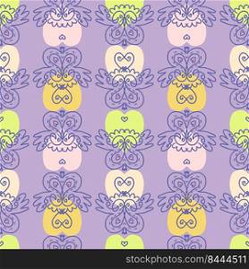 Hand drawn seamless pattern with pansy flowers in 1960 style. Floral aesthetic print for textile, fabric, tee, stationery. Retro vector illustration for decor and design.