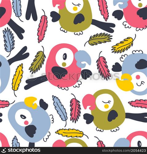 Hand drawn seamless pattern with parrots and feathers. Perfect for T-shirt, textile and print. Doodle vector illustration for decor and design.