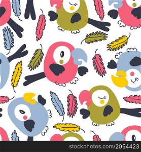 Hand drawn seamless pattern with parrots and feathers. Perfect for T-shirt, textile and print. Doodle vector illustration for decor and design.