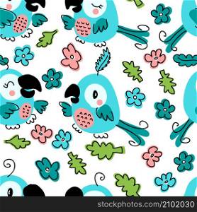 Hand drawn seamless pattern with parrots and flowers. Perfect for T-shirt, textile and print. Doodle vector illustration for decor and design.