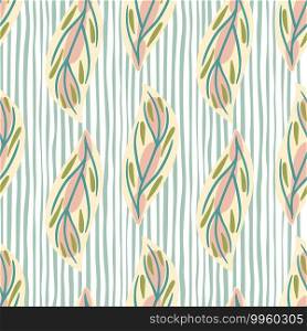 Hand drawn seamless pattern with pastel colorful leaf abstract ornament. Blue and white striped background. Designed for fabric design, textile print, wrapping, cover. Vector illustration. Hand drawn seamless pattern with pastel colorful leaf abstract ornament. Blue and white striped background.