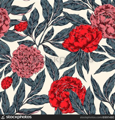 Hand drawn seamless pattern with peones in vintage style. Best for wallpaper,pattern fills,web page background,surface textures