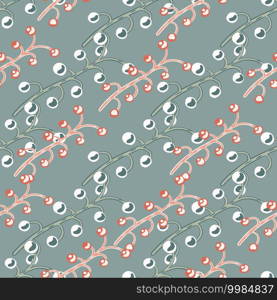 Hand drawn seamless pattern with pink colored berry branches shapes. Grey background. Nature print. Designed for fabric design, textile print, wrapping, cover. Vector illustration. Hand drawn seamless pattern with pink colored berry branches shapes. Grey background. Nature print.