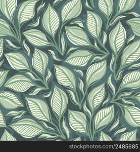Hand-drawn seamless pattern with plant leaves. Stylish illustration with thickets for paper and gift wrap. Fabric print modern design. Creative stylish background.