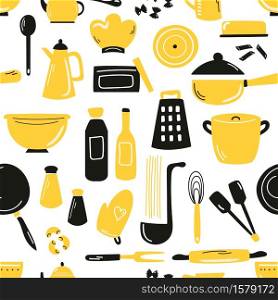 Hand drawn seamless pattern with set of cooking amenities, equipment. Flat illustration for wallpaper, kitchen textile, cloths.. Hand drawn seamless pattern with set of kitchenware, amenities.
