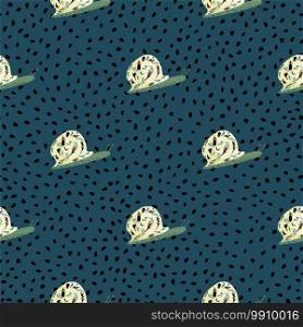 Hand drawn seamless pattern with snail silhouettes. Light yellow and green colored detailed animals on navy blue dotted background. For fabric design, textile, wrapping, cover. Vector illustration.. Hand drawn seamless pattern with snail silhouettes. Light yellow and green colored detailed animals on navy blue dotted background.