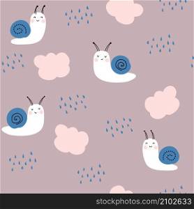 Hand drawn seamless pattern with snails and rainy clouds. Perfect for T-shirt, textile and print. Doodle vector illustration for decor and design.