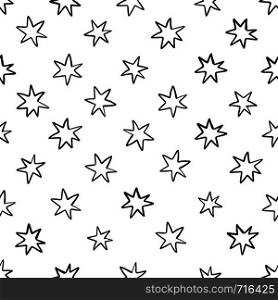 Hand drawn seamless pattern with stars isolated on white. Endless vector primitive background with black line stars. Vector illustration.. Hand drawn seamless pattern with stars isolated on white.
