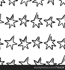 Hand drawn seamless pattern with stars isolated on white. Endless vector primitive background with black line stars. Vector illustration.. Hand drawn seamless pattern with stars isolated on white.