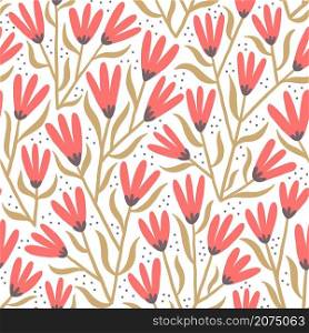Hand-drawn seamless pattern with stylized wildflowers. Colorful floral illustration for paper and gift wrap. Fabric print textured design. Creative stylish background.