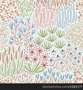 Hand-drawn seamless pattern with stylized wildflowers. Colorful floral illustration for paper and gift wrap. Fabric print textured design. Creative stylish background.