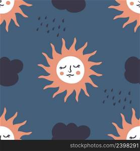 Hand drawn seamless pattern with sun and rainy clouds. Perfect for T-shirt, textile and print. Doodle vector illustration for decor and design.