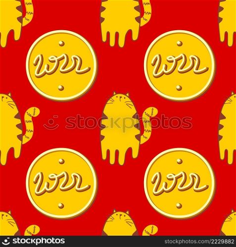 Hand drawn seamless pattern with tigers and golden 2022 coins. Perfect for T-shirt, textile and prints. Doodle vector illustration for decor and design.