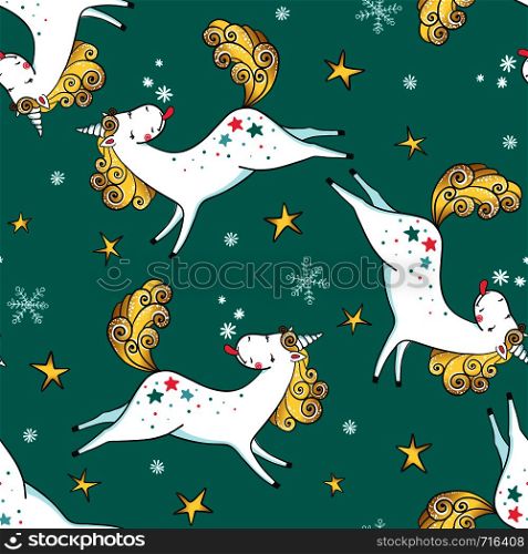 Hand drawn seamless pattern with Unicorns, snowflakes and stars. Cute magic cartoon fantasy animal. Dream symbol. Design for textile, packaging or children, baby room interior. Vector illustration.. Hand drawn seamless pattern with Unicorns, snowflakes and stars.