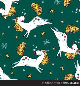 Hand drawn seamless pattern with Unicorns, snowflakes and stars. Cute magic cartoon fantasy animal. Dream symbol. Design for textile, packaging or children, baby room interior. Vector illustration.. Hand drawn seamless pattern with Unicorns, snowflakes and stars.